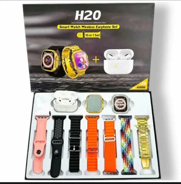 H20 Ultra 10-in-1 Smartwatch with 7 straps, 49mm size, and full touch screen.